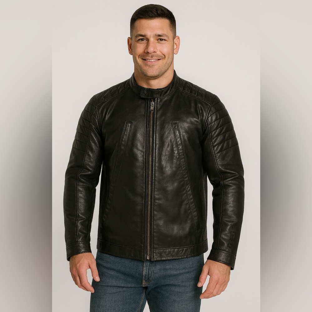 Tommy Hilfiger Men’s Black Leather Moto Jacket L | Genuine Leather Quilted Biker - Picture 1 of 10